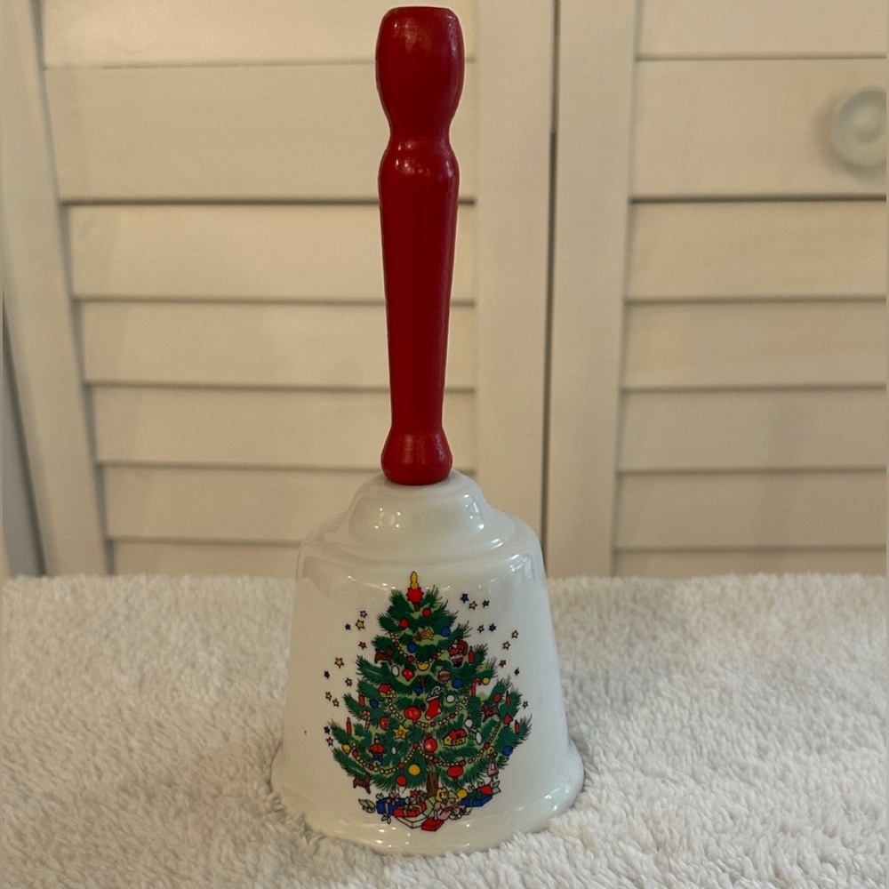 VTG Holiday Tree Ceramic Hand Bell w/Red Wood Handle